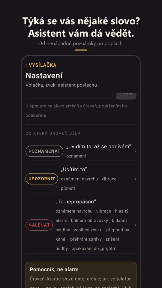Asistent klíčových slov v nastavení