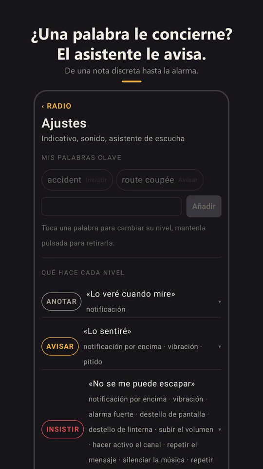 El asistente de palabras clave en los ajustes