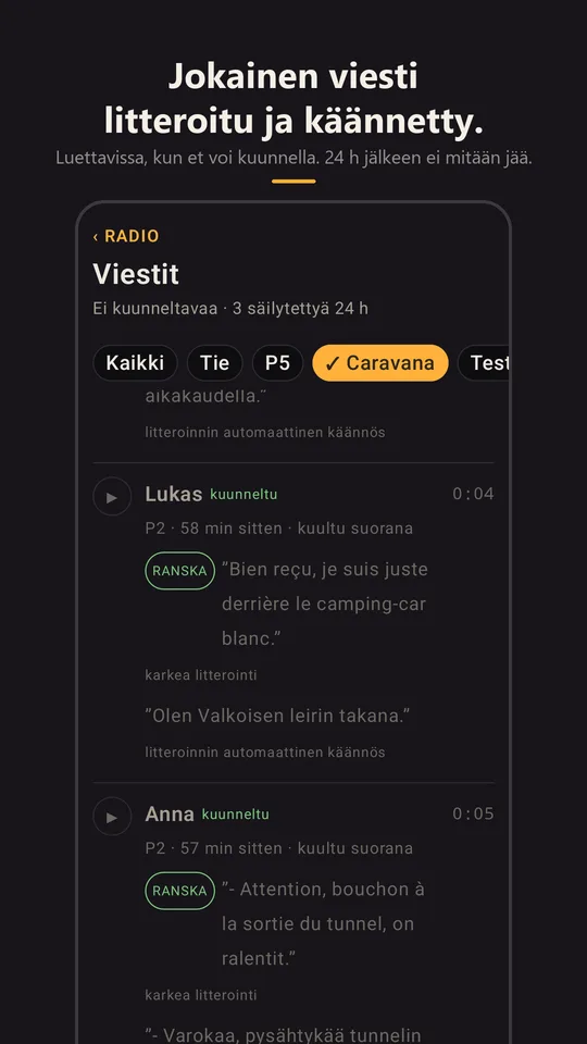 Karavaanin viestit litteroituina ja käännettyinä