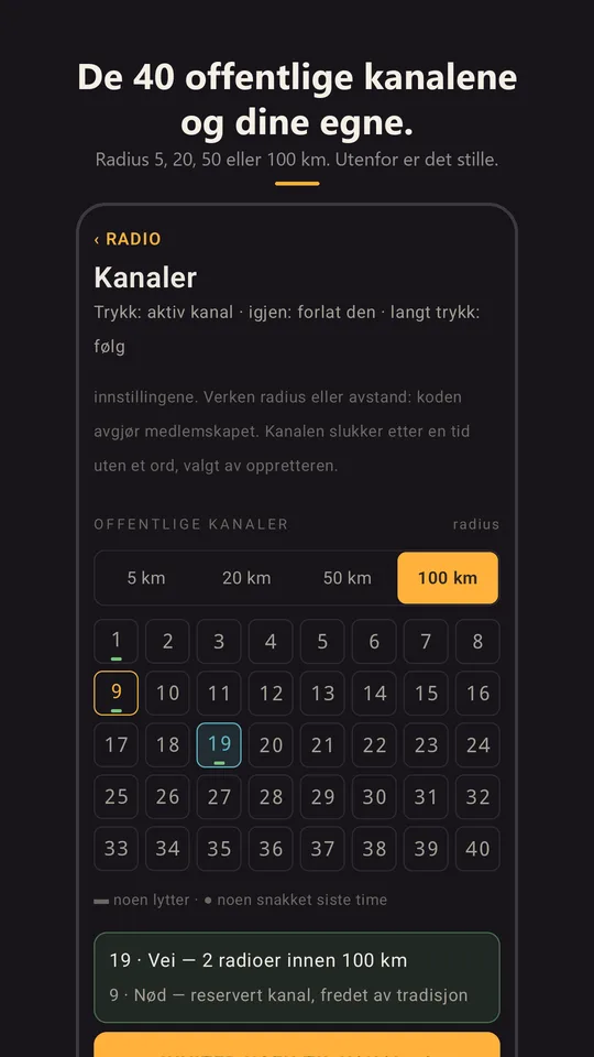 Rutenettet med de 40 kanalene og radiusen