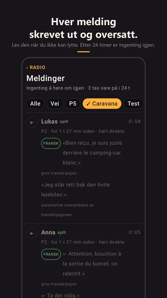 Meldingene fra karavanen, transkribert og oversatt