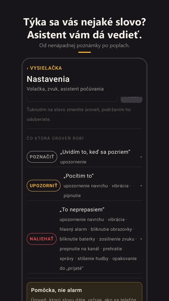 Asistent s kľúčovými slovami v nastaveniach