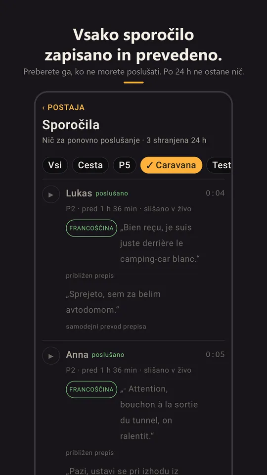 Sporočila karavane, prepisana in prevedena